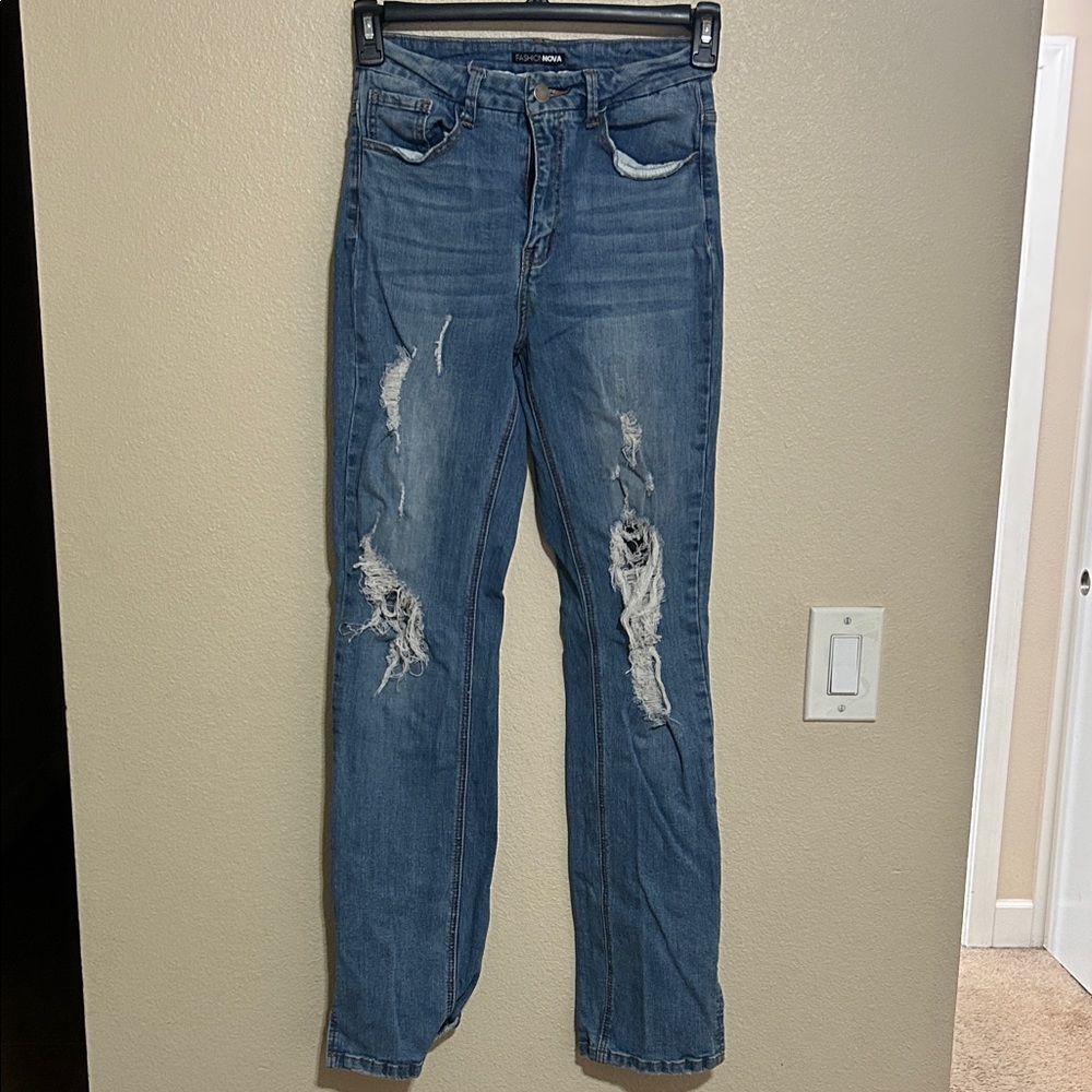 Fashion Nova Ripped Blue Straight Leg Jeans